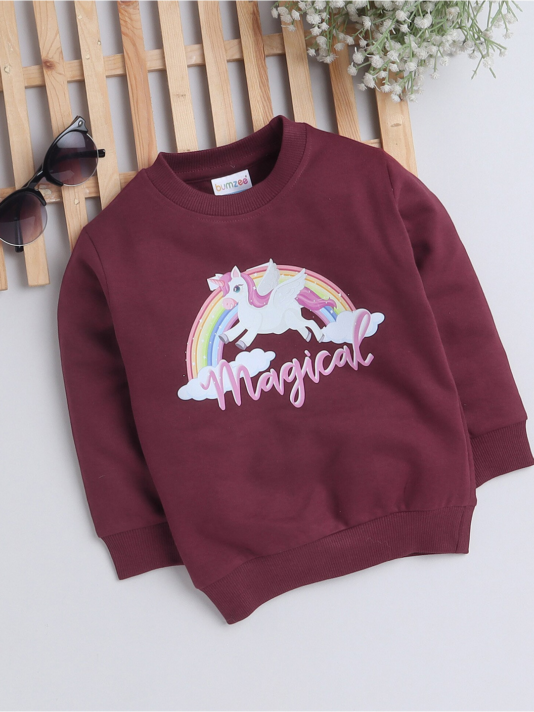 

BUMZEE Girls Graphic Printed Round Neck Cotton Sweatshirt, Maroon