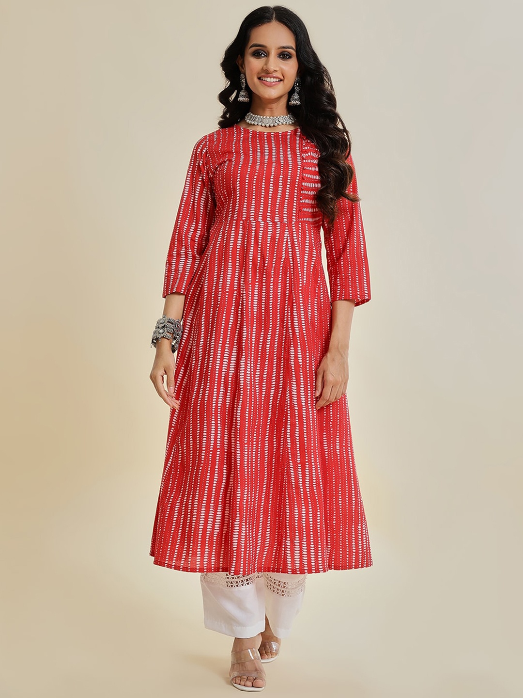 

Varanga Striped Flared Pure Cotton Anarkali Kurta, Red