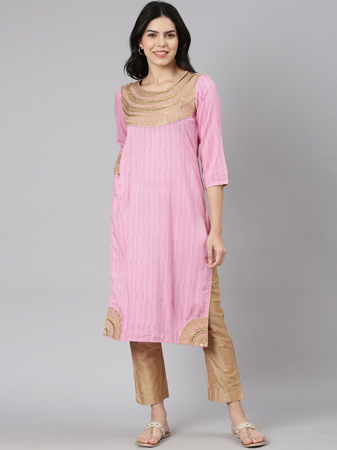 

Souchii Striped Yoke Design Mirror Work Straight Kurta, Pink