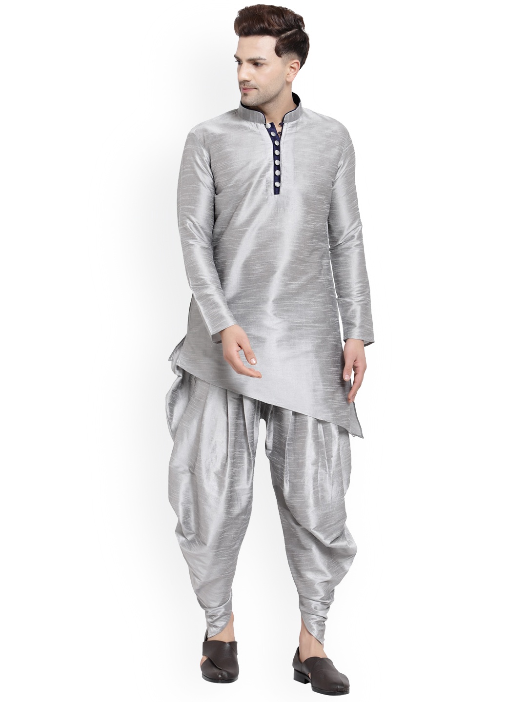 

Sydney Heights Mandarin Collar Long Sleeves Art Silk Asymmetric Kurta & Salwar Pants, Silver