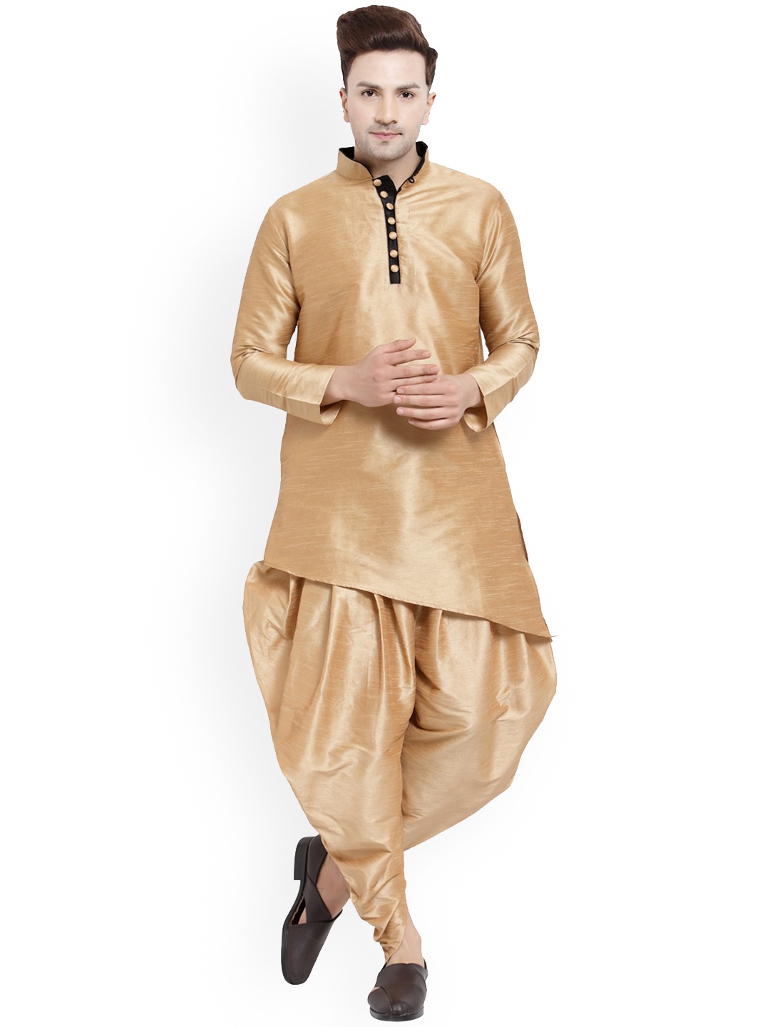 

Sydney Heights Mandarin Collar Long Sleeves Art Silk Asymmetric Kurta & Salwar Pants, Gold