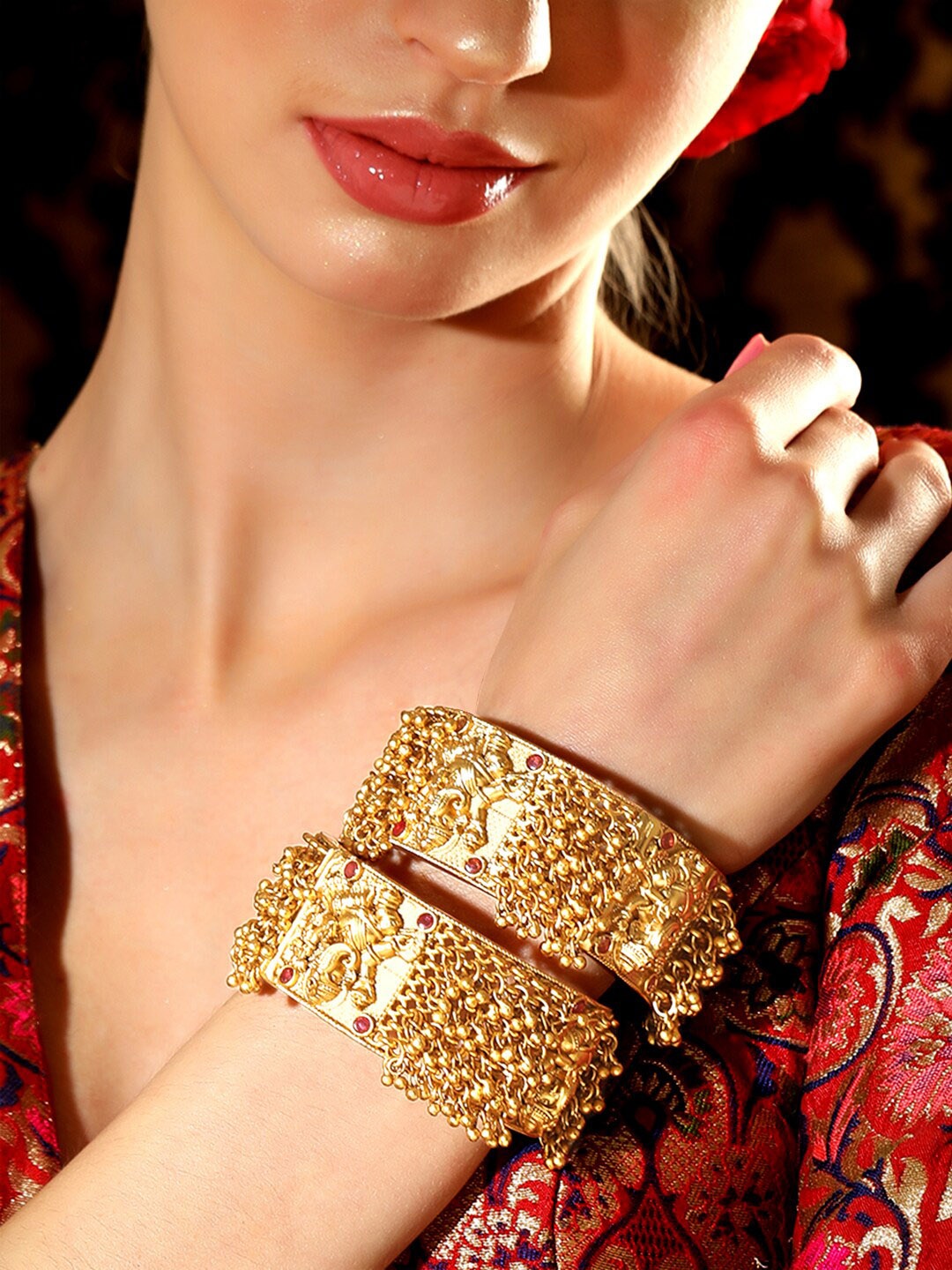 

rubans LUXURY Set of 2 22K Gold Plated Ghungroo Beaded Temple Motif Bangles