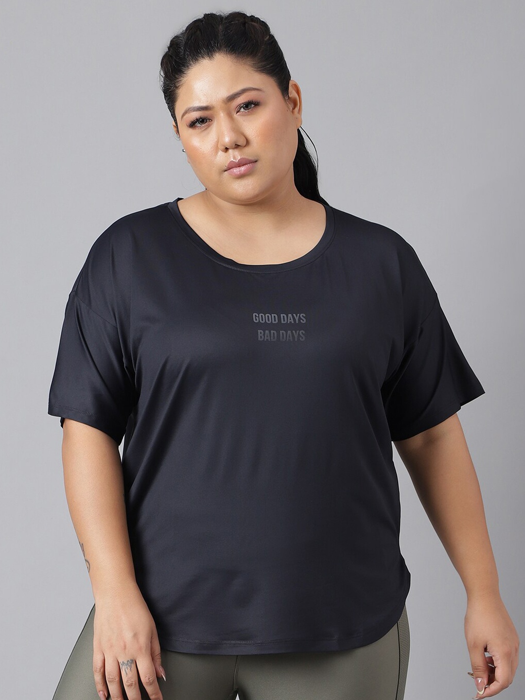 MKH Plus Size Typography Printed Dri-FIT Relaxed Fit Training T-shirt, Black