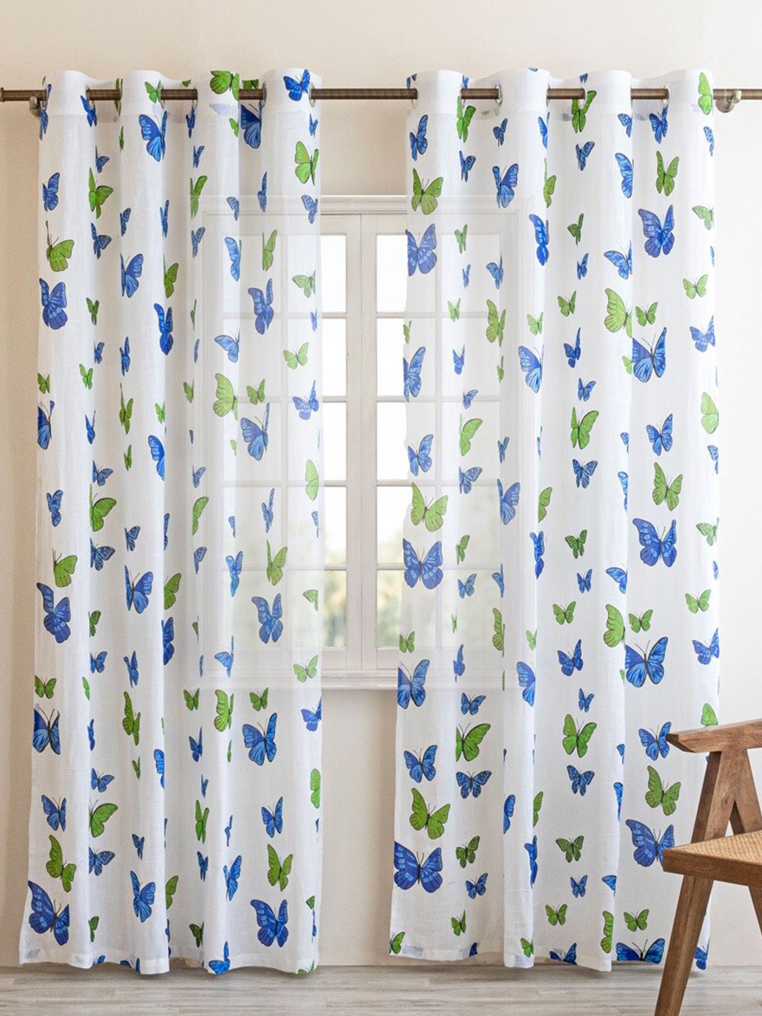 HOMEMONDE White & Blue 2 Pieces Floral Cotton Sheer Door Curtains