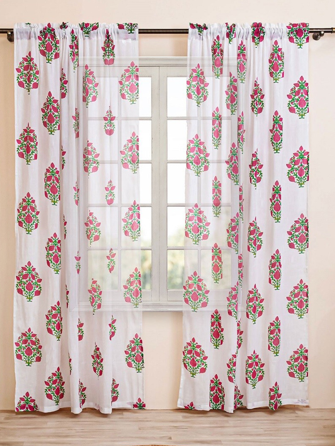 

HOMEMONDE Pink & White 2 Pieces Floral Cotton Sheer Long Door Curtains
