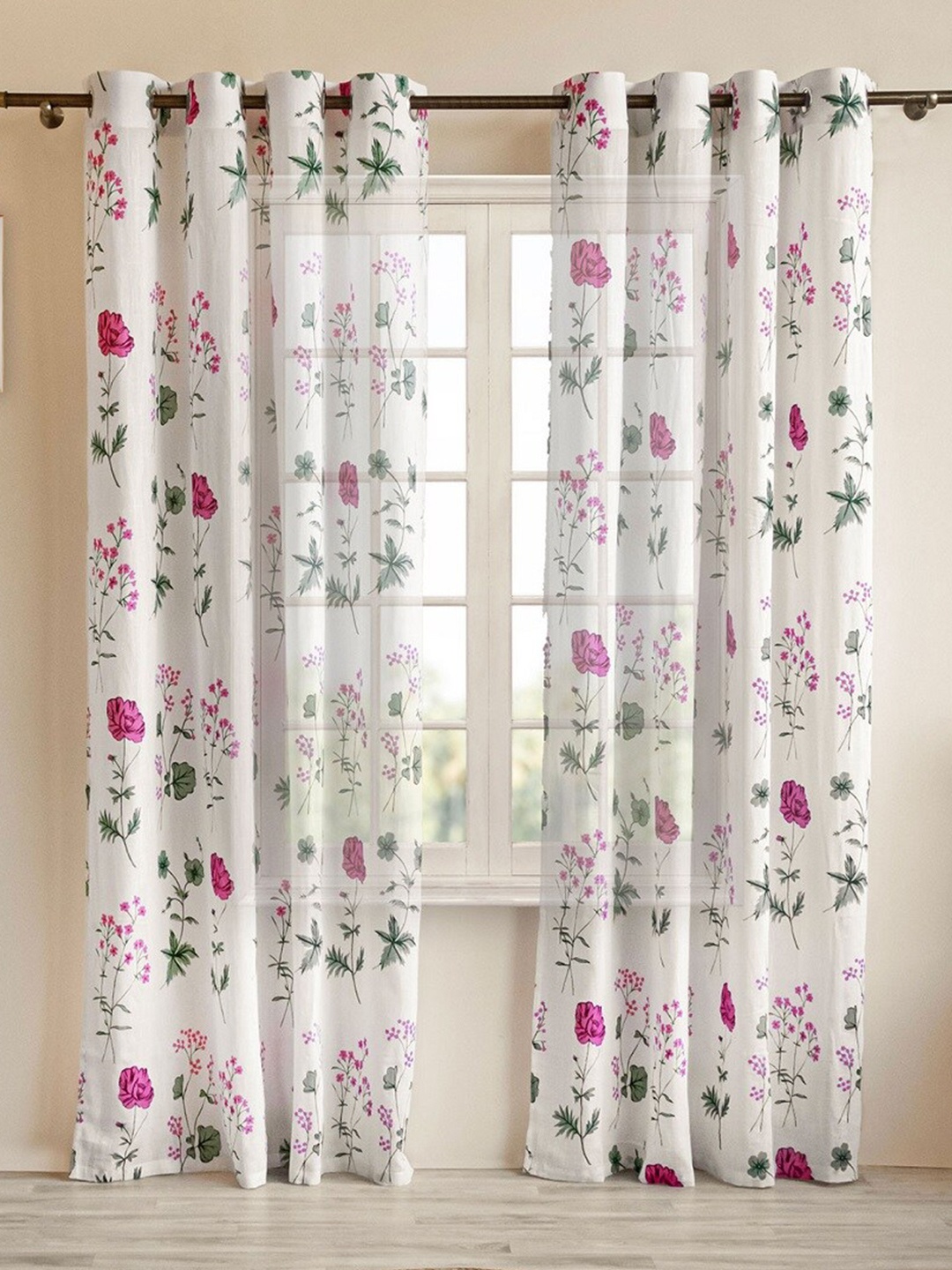 

HOMEMONDE Pink & White 2 Pieces Floral Cotton Sheer Window Curtains