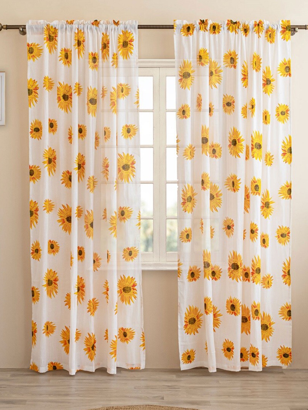 

HOMEMONDE 2 Pcs White & Yellow Floral Cotton Sheer Long Door Curtain