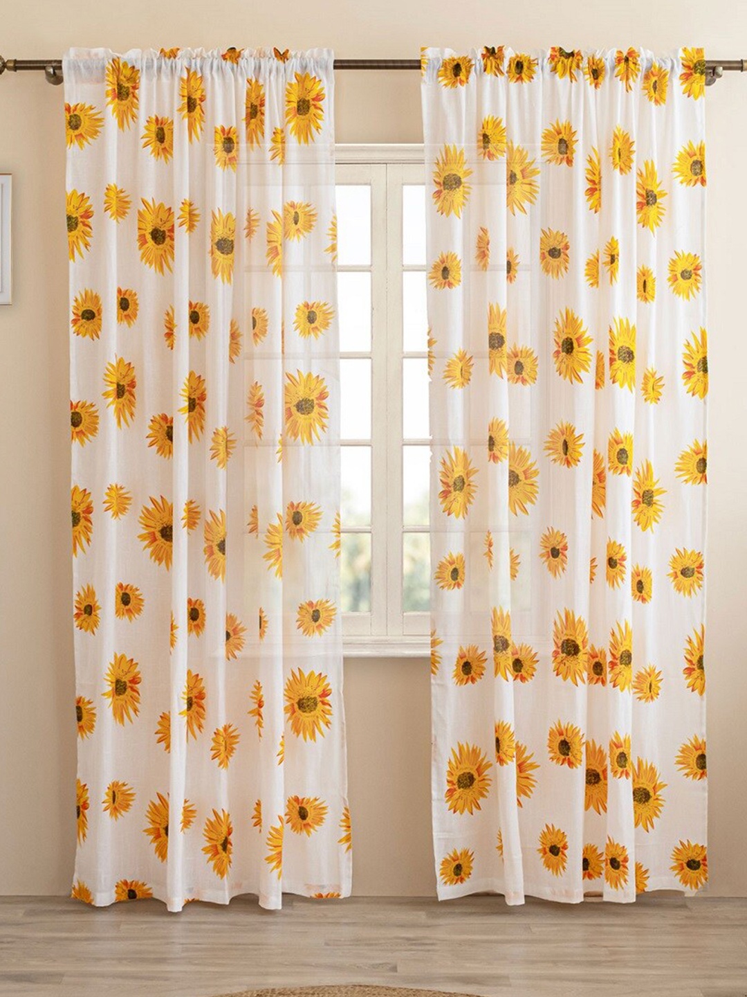 

HOMEMONDE 2 Pcs White & Yellow Floral Cotton Sheer Long Door Curtain