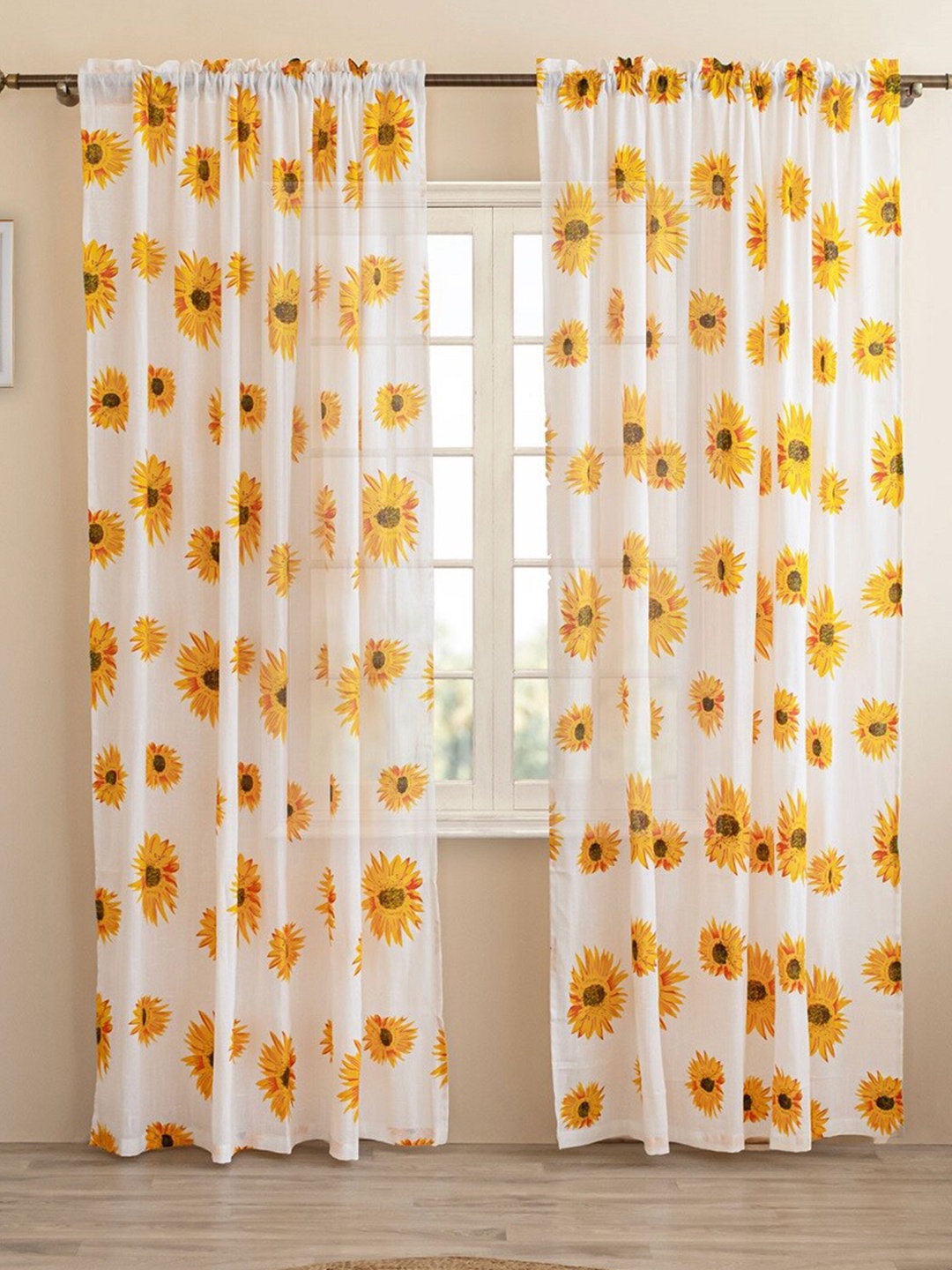 HOMEMONDE 2 Pcs White & Yellow Floral Cotton Sheer Door Curtain