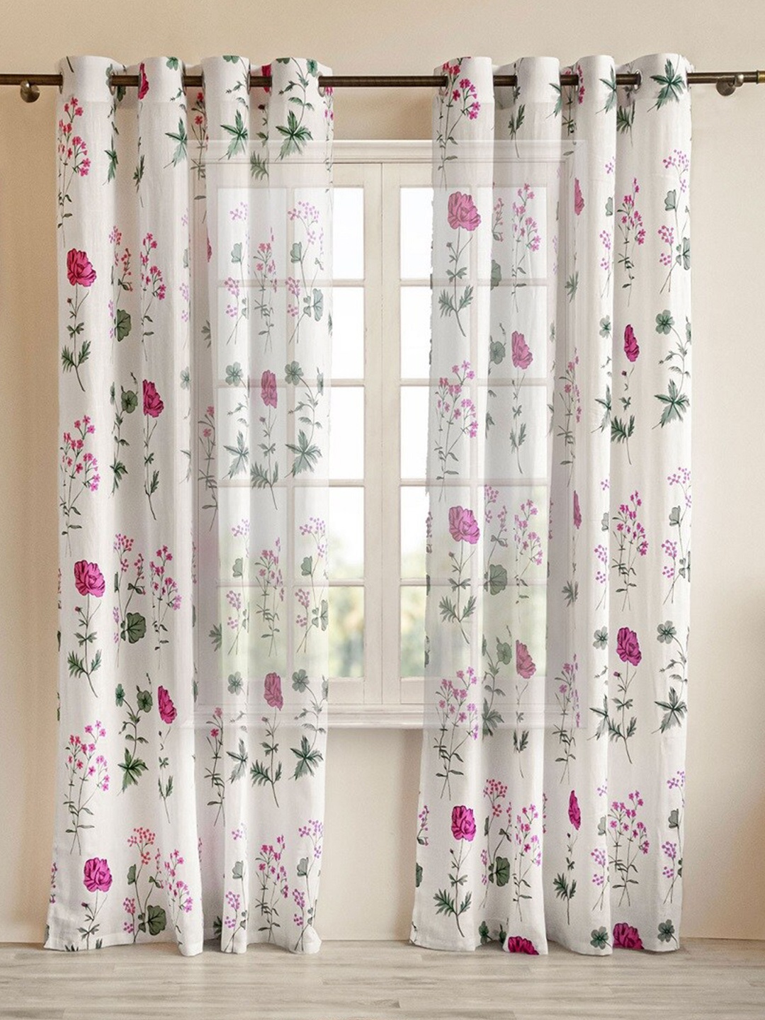 

HOMEMONDE 2 Pcs White & Pink Floral Cotton Sheer Long Door Curtain