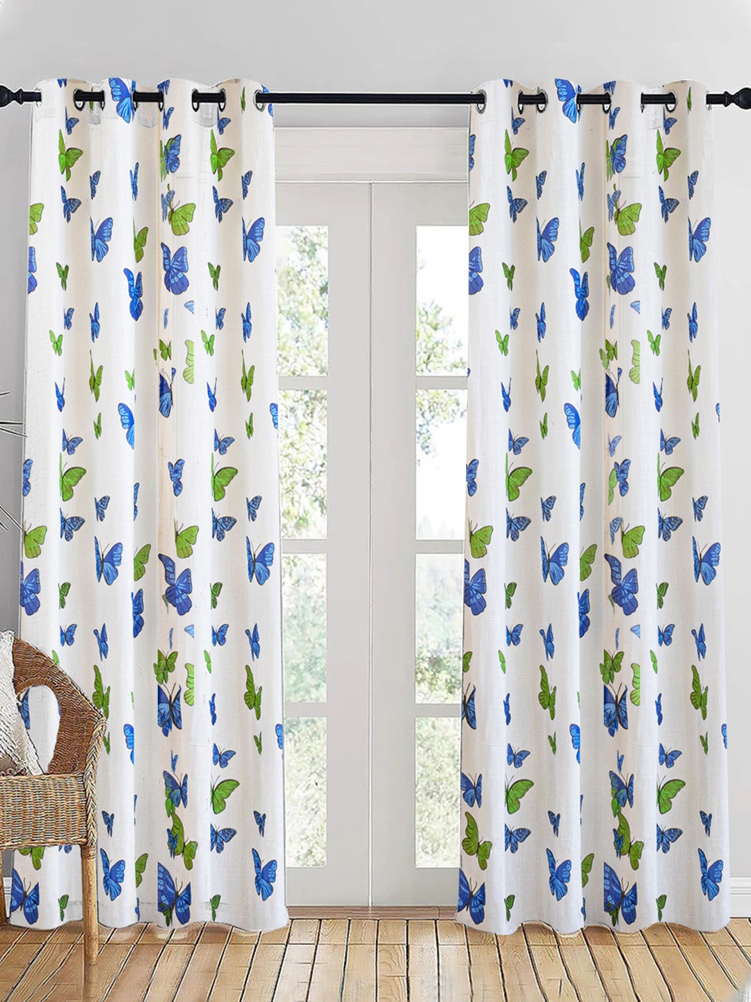 

HOMEMONDE White & Blue 2 Pieces Butterfly Printed Sheer Cotton Long Door Curtains