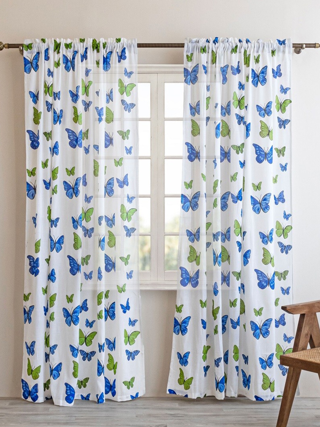

HOMEMONDE White & Blue 2 Pieces Butterfly Printed Sheer Cotton Window Curtains
