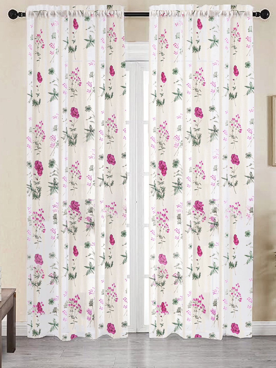 

HOMEMONDE Pink & White 2 Pieces Floral Sheer Cotton Long Door Curtains