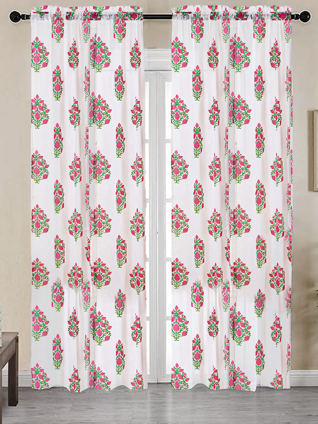 

HOMEMONDE Pink & White 2 Pieces Floral Sheer Cotton Long Door Curtains