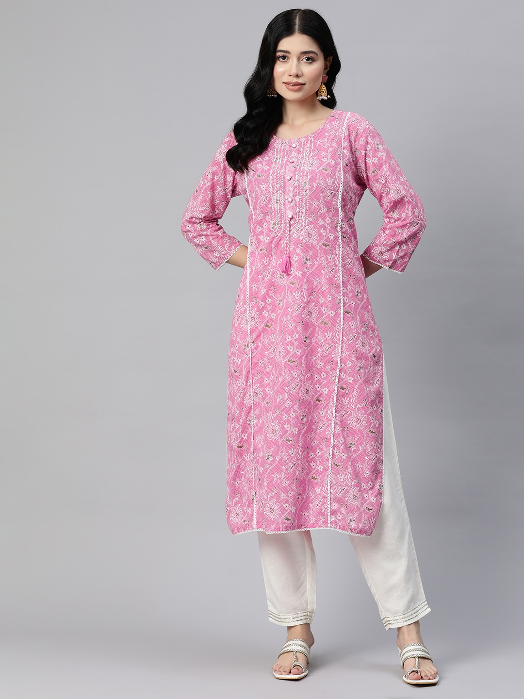 

Readiprint Floral Printed Thread Work Pure Cotton Kurta, Pink