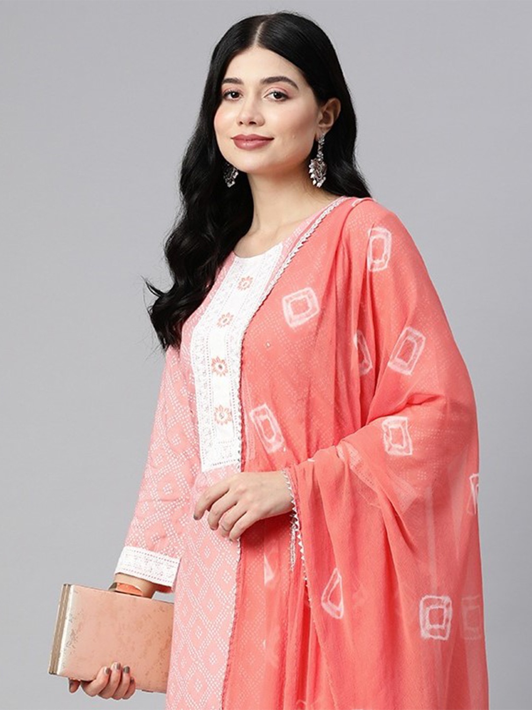 

Readiprint Fashions Women Pink Bandhani Printed Regular Mirror Work Kurta with Palazzos & With Dupatta