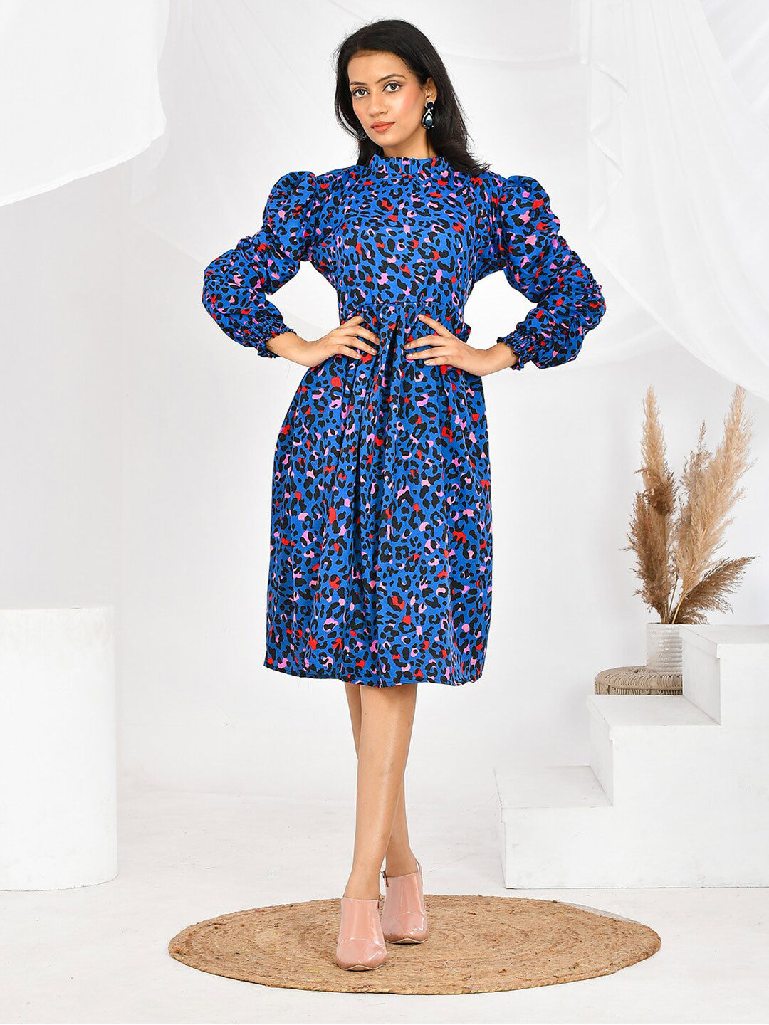 

BAESD Animal Printed High Neck Puff Sleeves Gathered Detailed Fit & Flare Dress, Navy blue