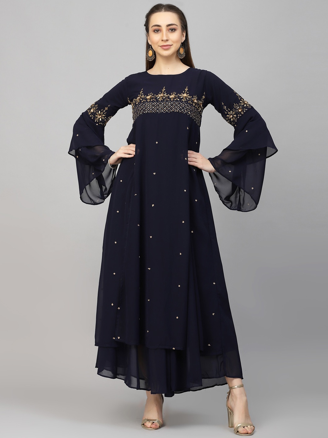 

18 ATTITUDE Embellished Bell Sleeves Maxi Ethnic Dress, Navy blue