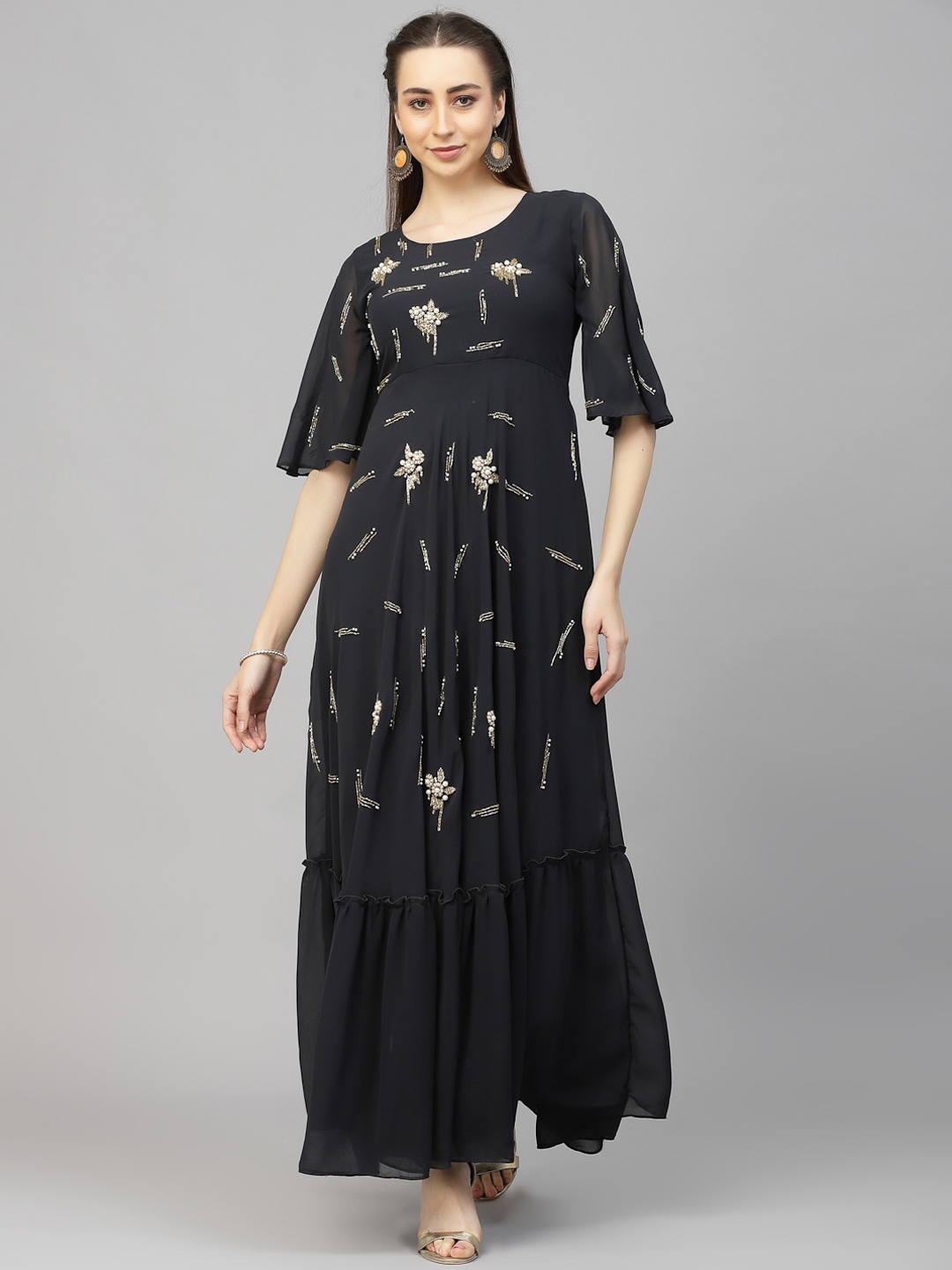 

18 ATTITUDE Embellished Flutter Sleeves Gathered Detailed Maxi Ethnic Dress, Grey