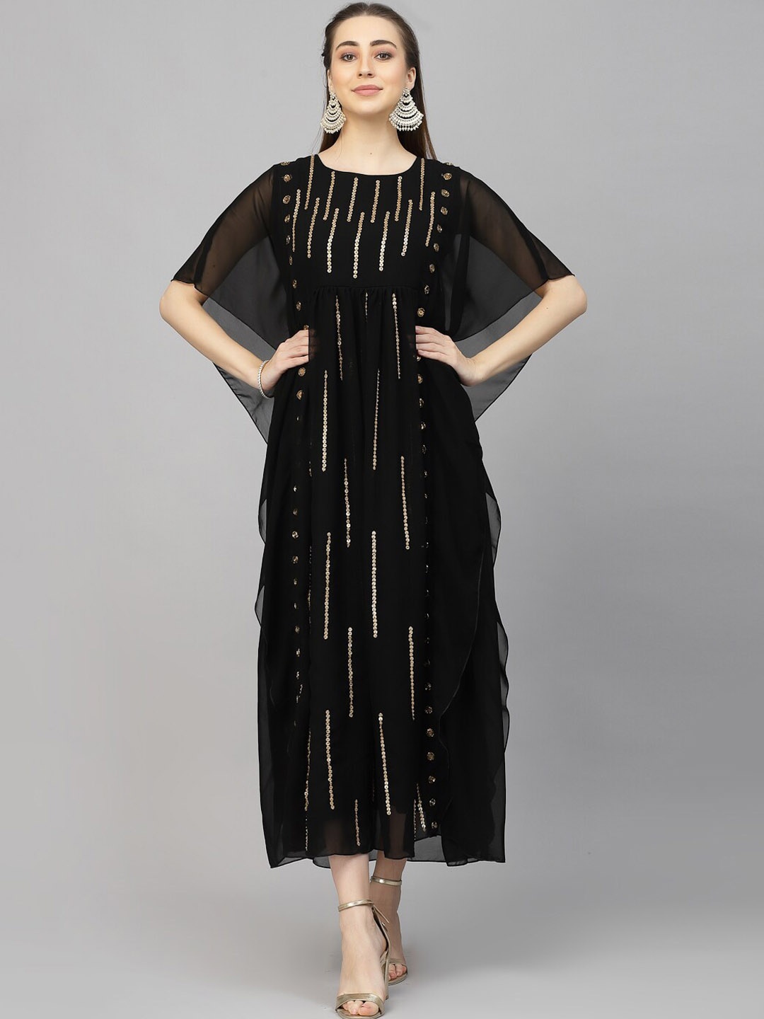 

18 ATTITUDE Embellished Flared Sleeves Sequinned Detailed A-Line Midi Ethnic Dress, Black