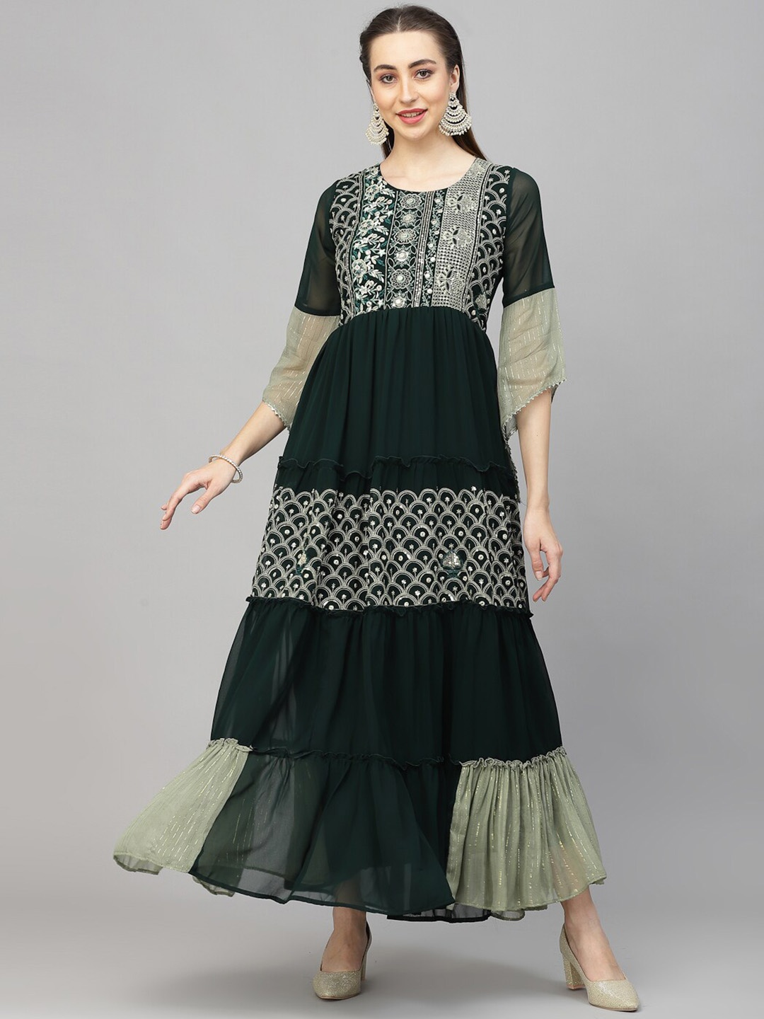 

18 ATTITUDE Geometric Yoke Design Thread Work Anarkali Kurta, Green