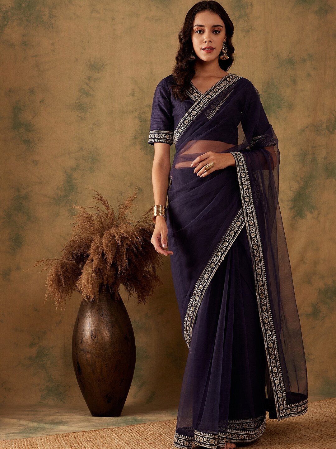 

Sangria Embroidered Bordered Sequinned Saree, Blue