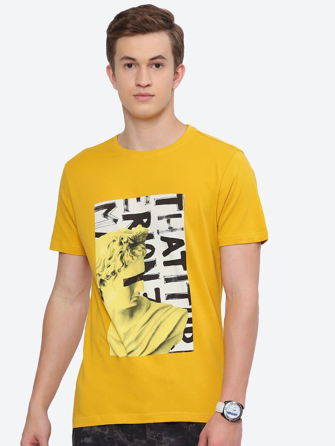 

2Bme Graphic Printed Round Neck Short Sleeve Cotton Slim Fit T-shirt, Mustard