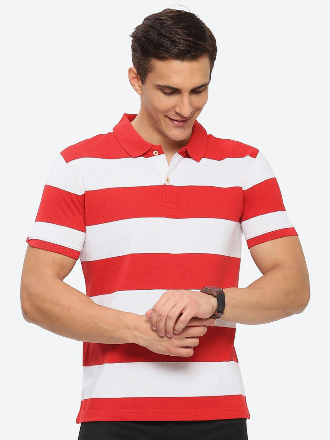 

2Bme Striped Polo Collar Short Sleeve Cotton Regular T-shirt, Red