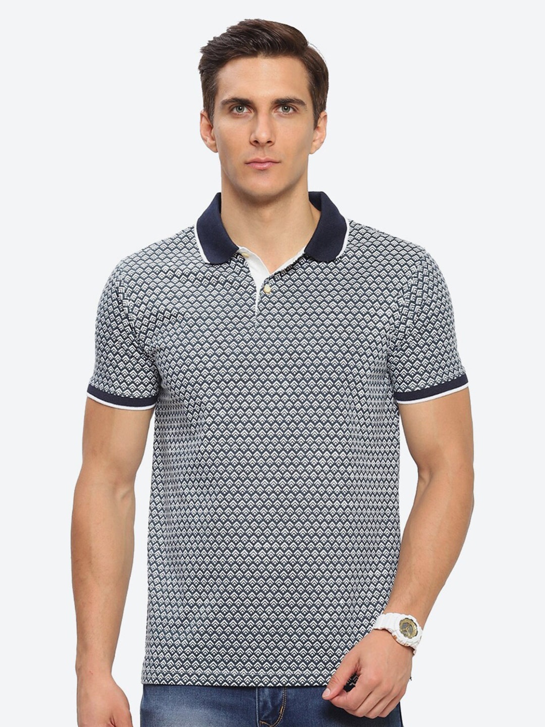 

2Bme Geometric Printed Polo Collar Short Sleeve Cotton Regular T-shirt, Navy blue