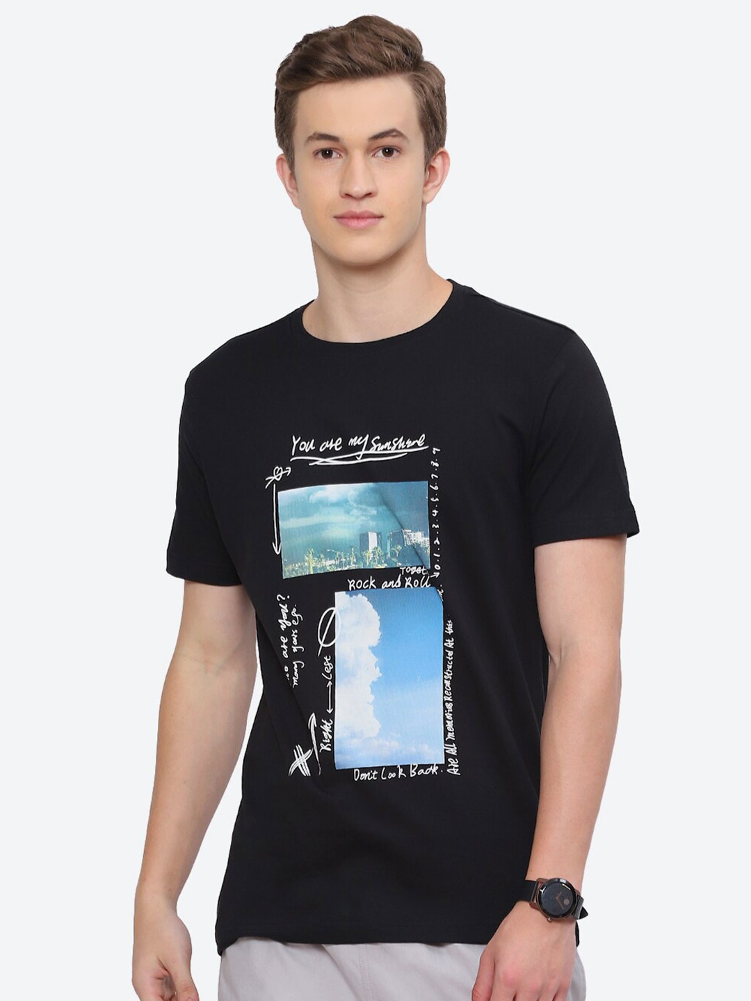 

2Bme Graphic Printed Round Neck Short Sleeve Cotton Slim Fit T-shirt, Black