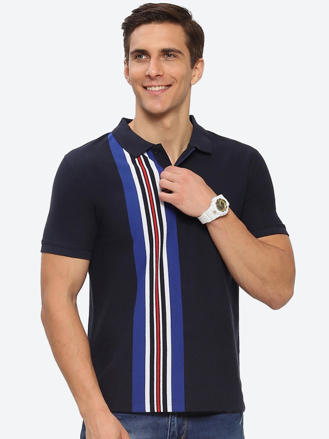 

2Bme Striped Polo Collar Short Sleeve Cotton Regular T-shirt, Navy blue