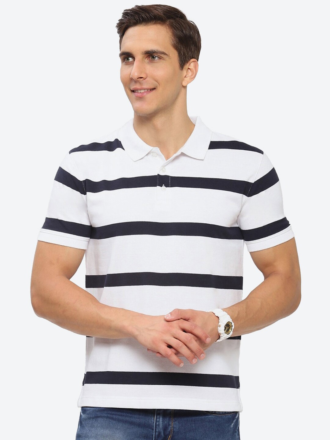 

2Bme Striped Polo Collar Short Sleeve Cotton Regular T-shirt, White