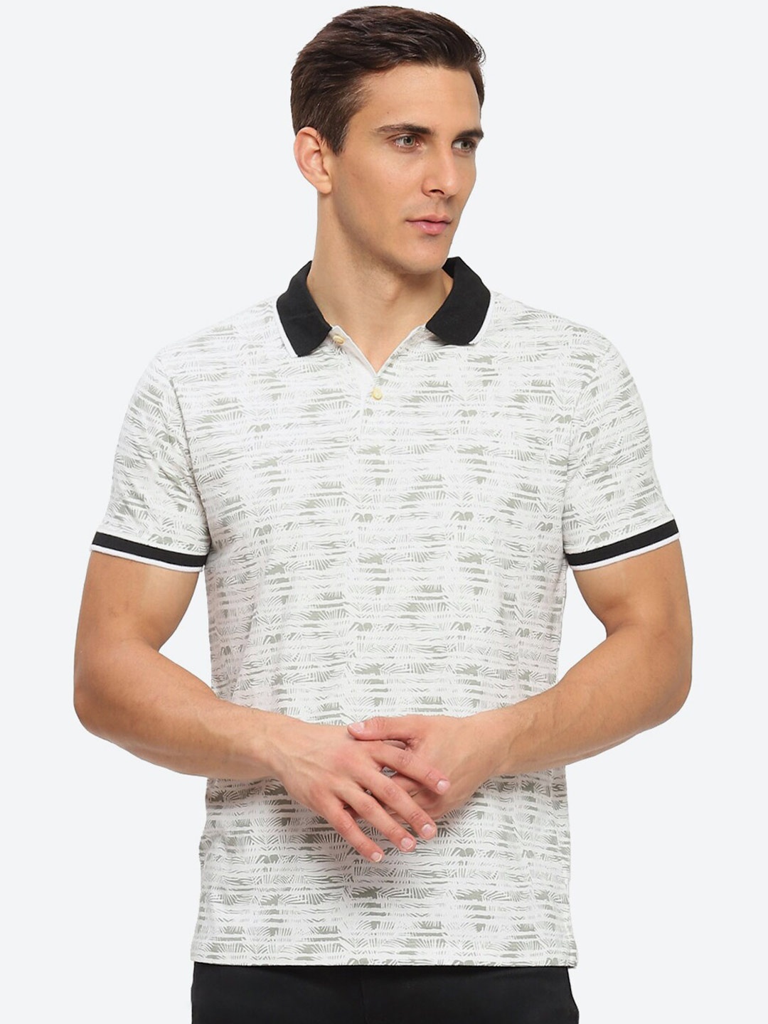 

2Bme Conversational Printed Polo Collar Short Sleeve Cotton Regular T-shirt, Grey