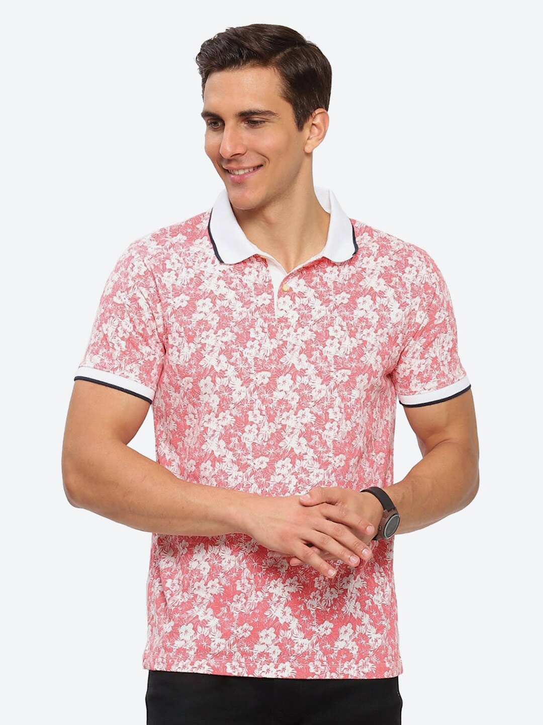 

2Bme Floral Printed Polo Collar Short Sleeve Cotton Regular T-shirt, Pink
