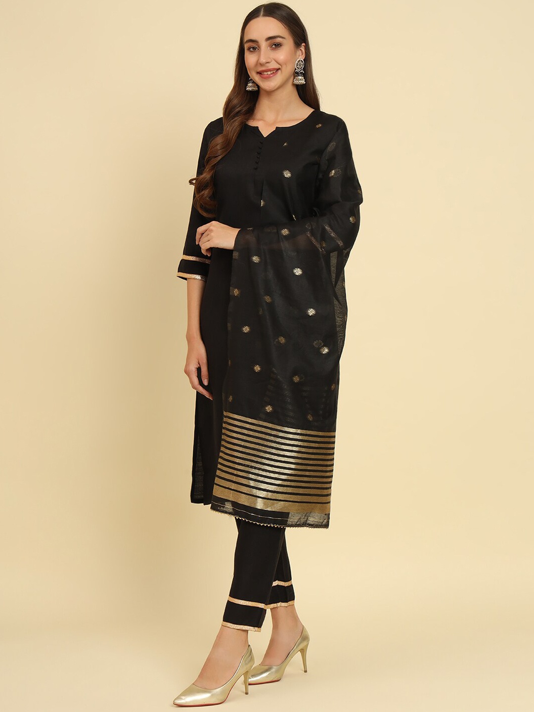 

KALINI Round Neck Straight Kurta with Trousers & Dupatta, Black