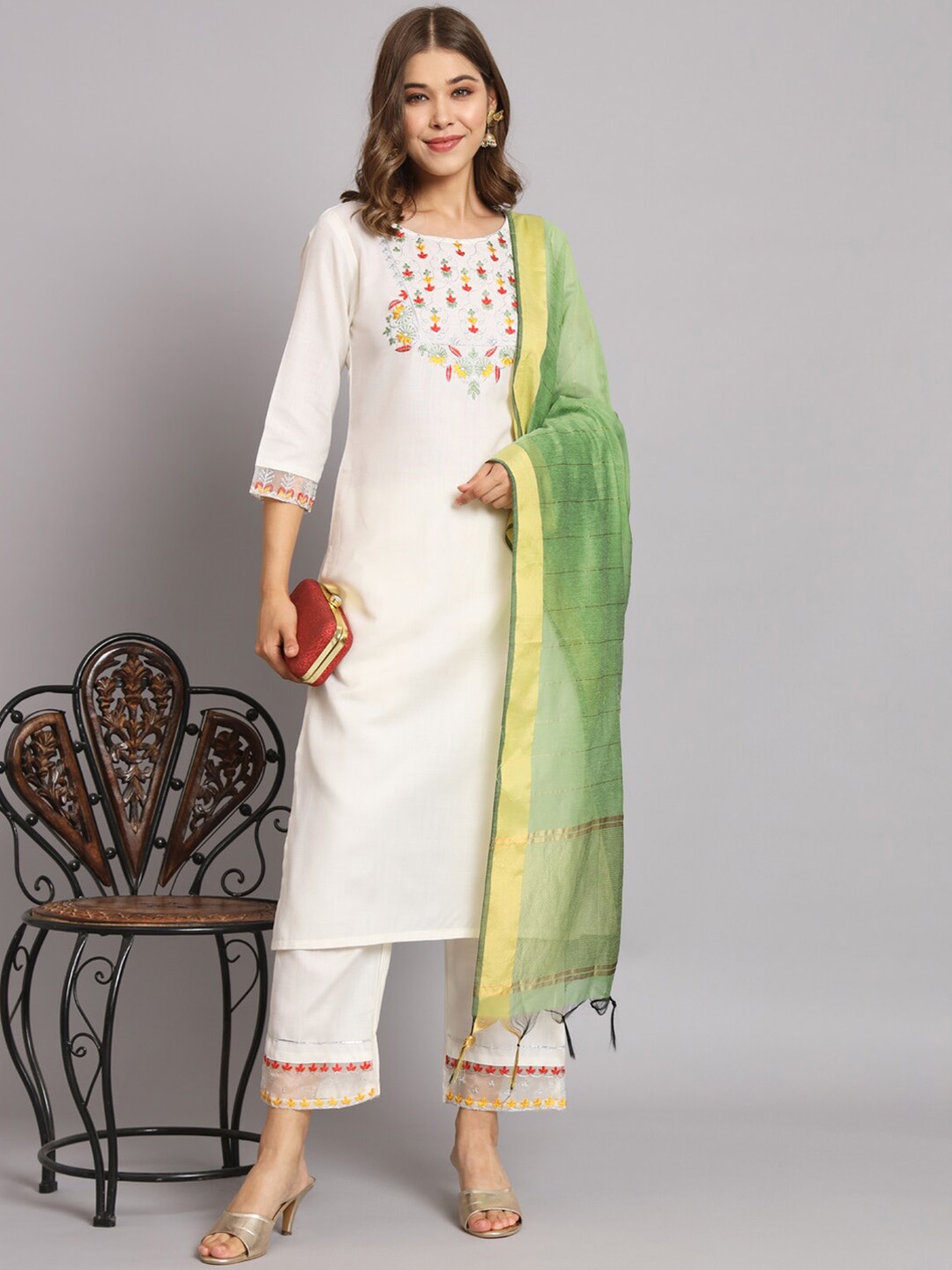 

KALINI Yoke Design Embroidered Kurta with Trousers & Dupatta, White