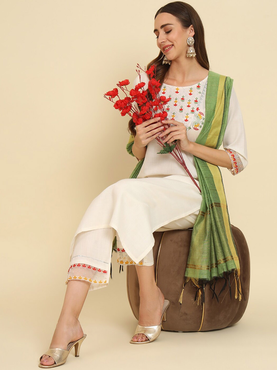 

KALINI Yoke Design Embroidered Kurta with Trousers & Dupatta, White