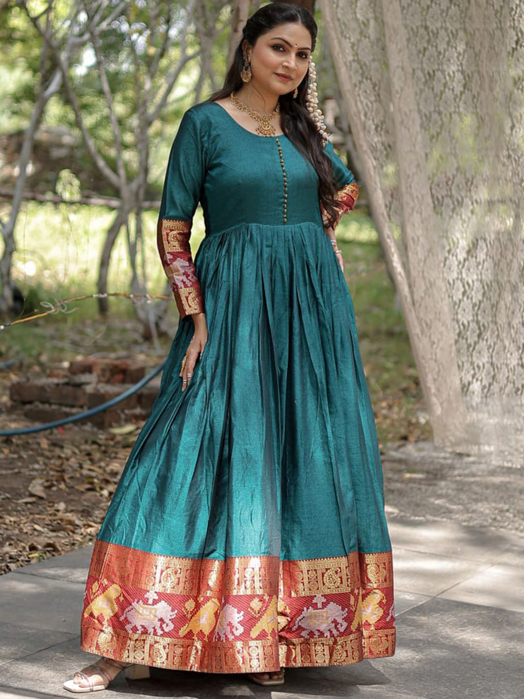 

Fusionic Long Sleeves Cotton Maxi Ethnic Dresses, Blue