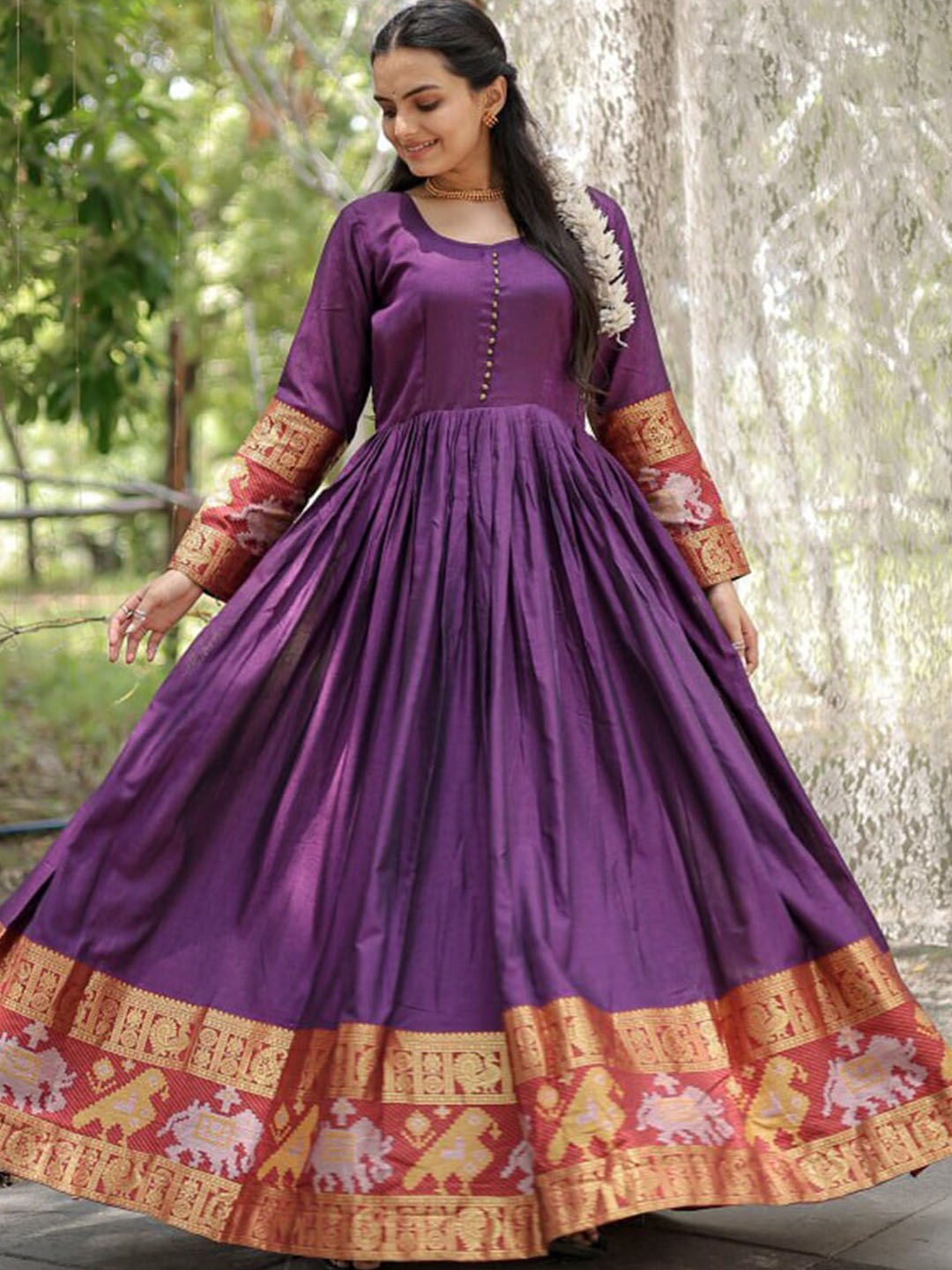 

Fusionic Ethnic Motifs Woven Design Cotton Ethnic Gown, Purple