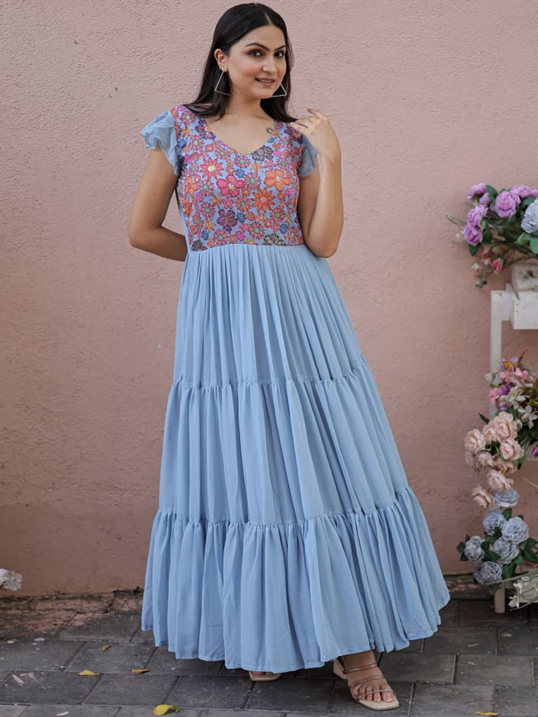 

Fusionic Floral Printed Maxi Ethnic Gown, Blue