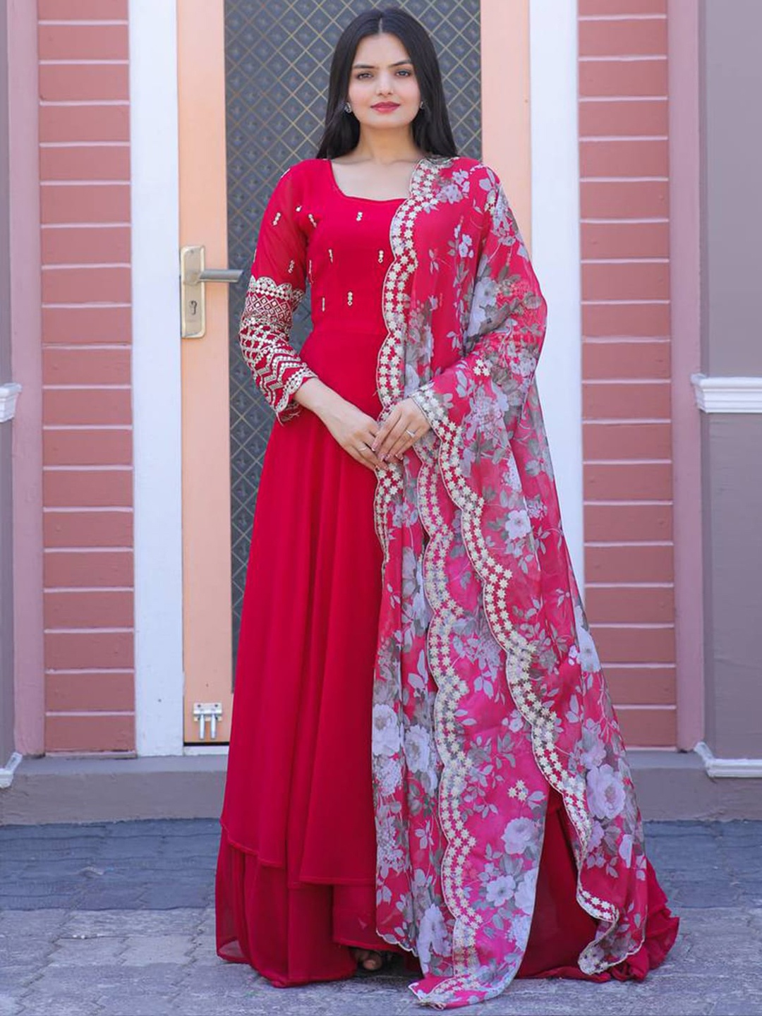 

Fusionic Embellished Georgette Ethnic Wear Gown With Printed Dupatta, Pink