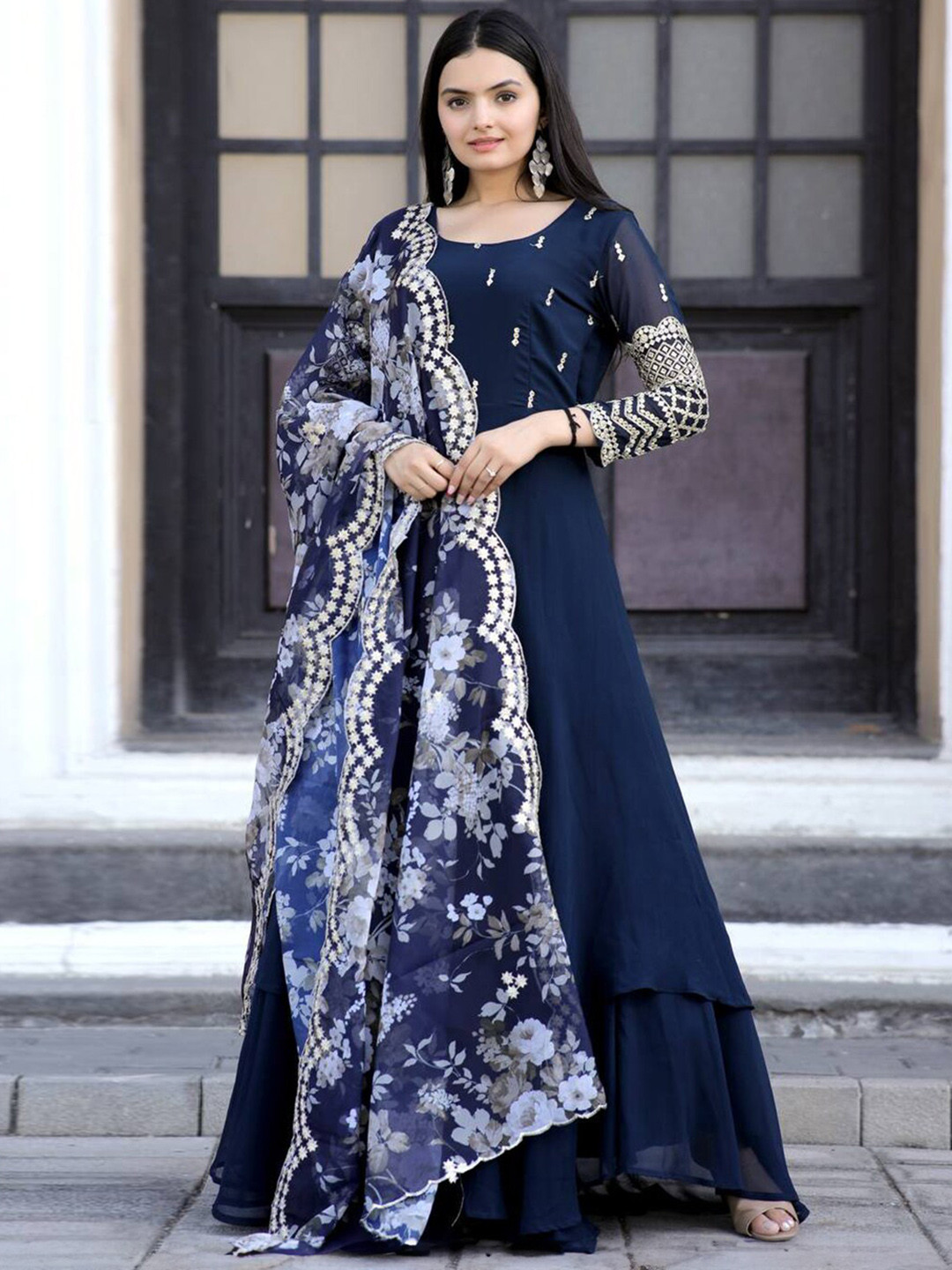 

Fusionic Embroidered Maxi Gown With Dupatta, Blue