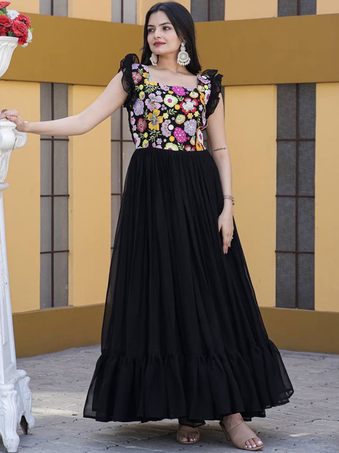 

Fusionic Floral Embroidered Ethnic Gown, Black