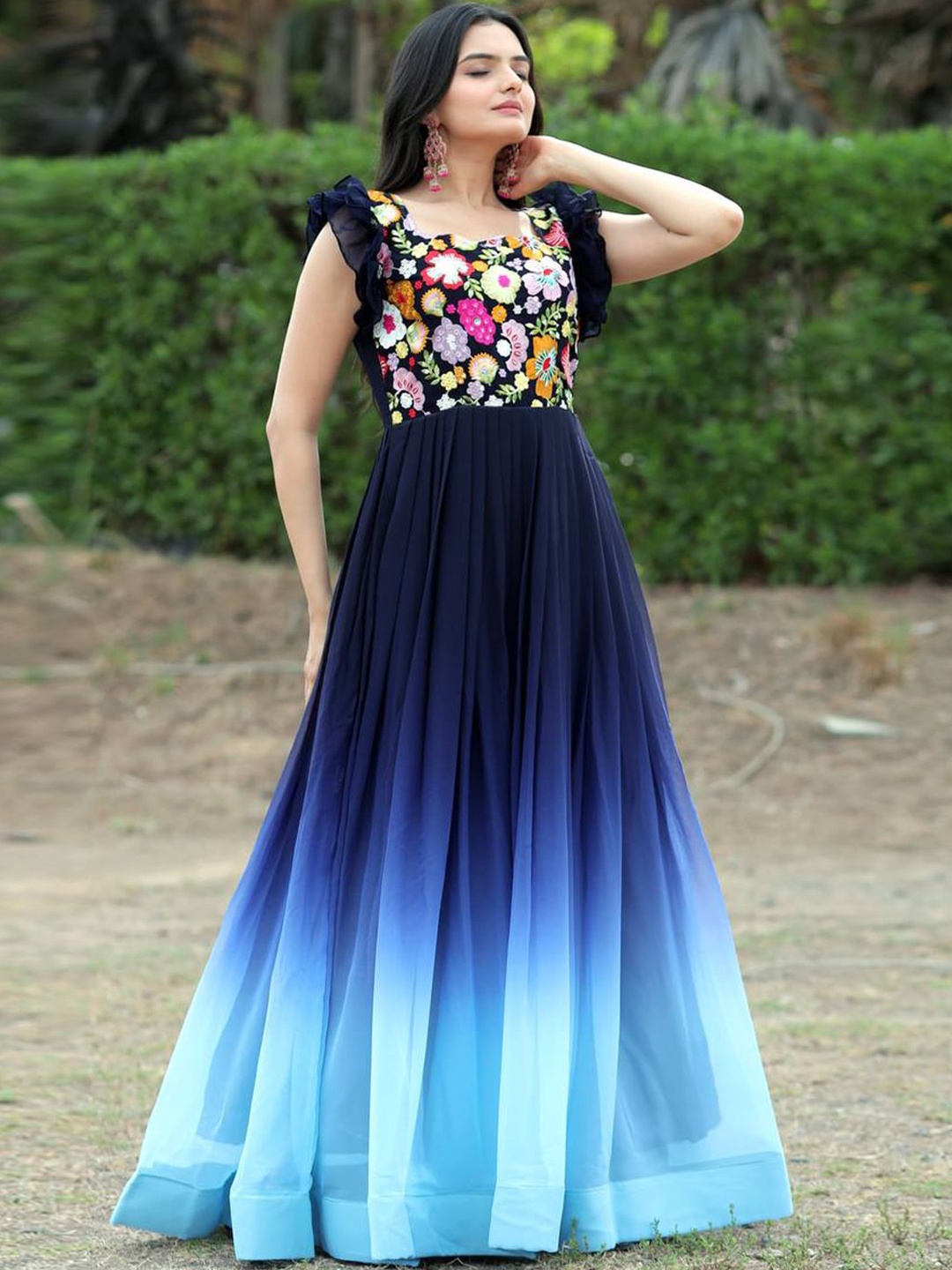 

Fusionic Floral Embroidered Square Neck Georgette Ruffles Ethnic Gown, Blue