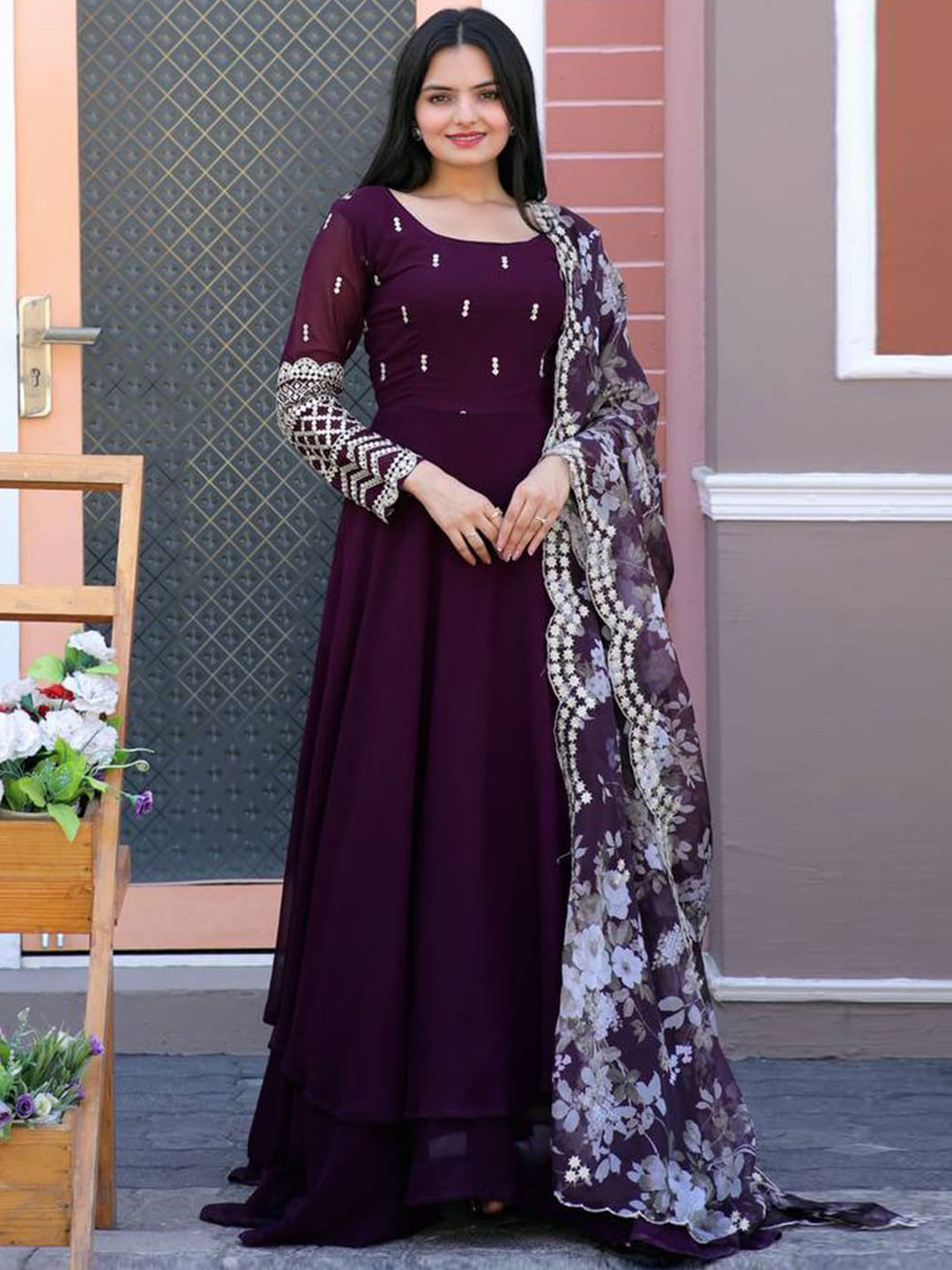 

Fusionic Embellished Georgette Ethnic Wear Gown With Printed Dupatta, Purple