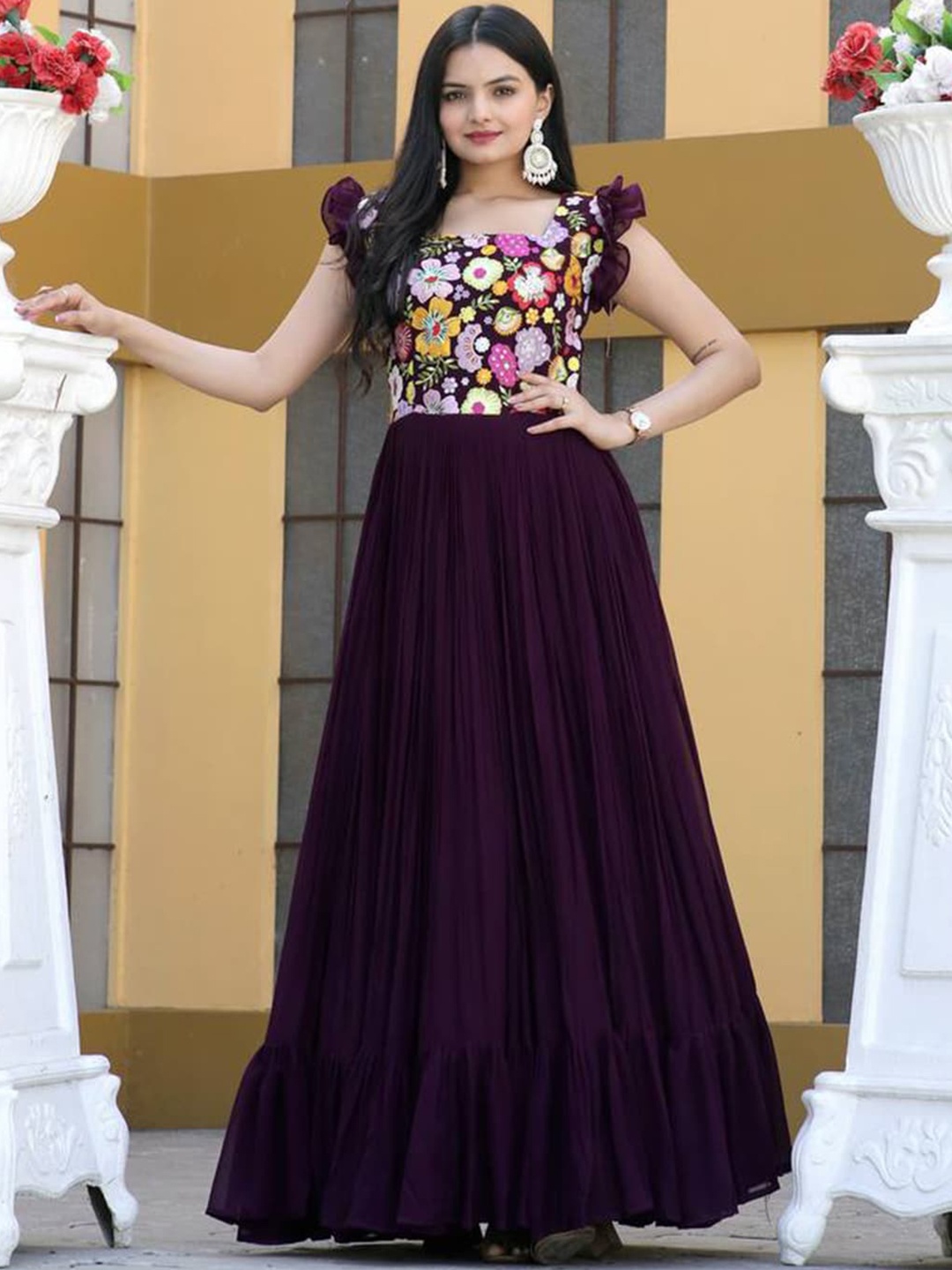 

Fusionic Floral Embroidered Square Neck Georgette Ruffles Ethnic Gown, Purple