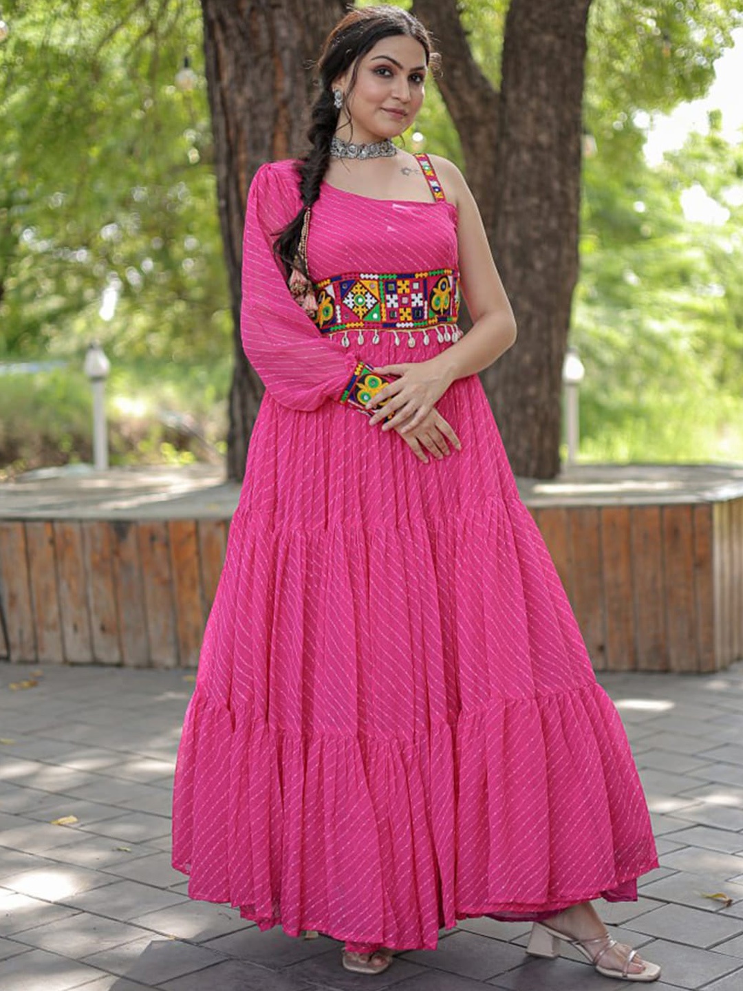 

Fusionic Embellished One Shoulder Maxi Gown Ethnic Dresses, Pink