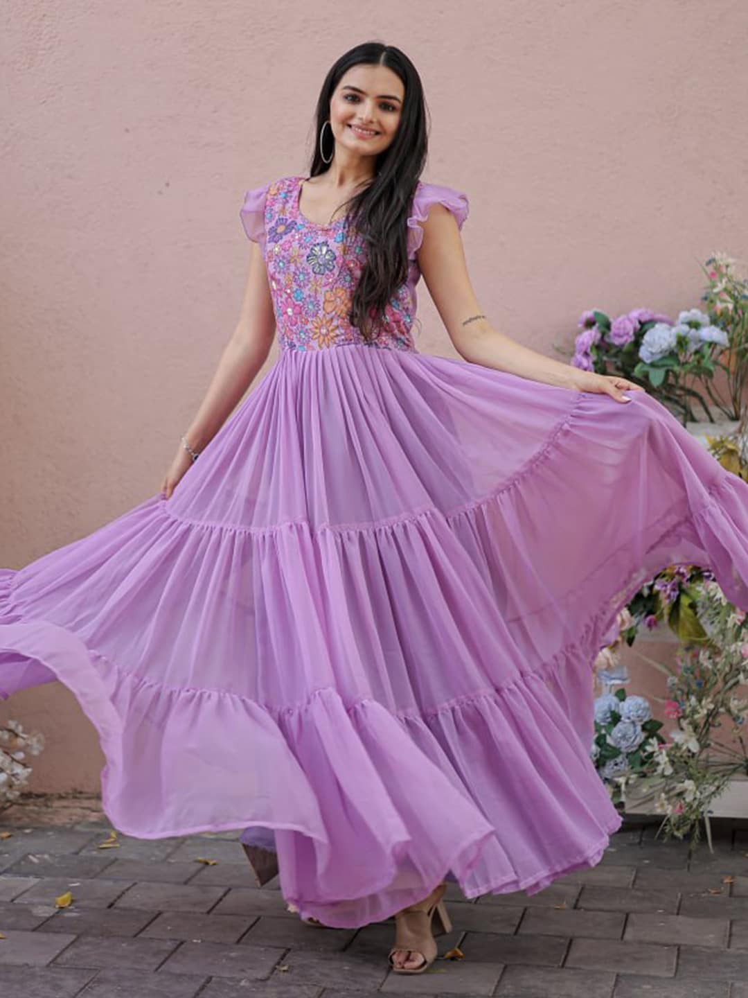 

Fusionic Floral Embroidered Detail Georgette Tiered Ethnic Wear Gown, Lavender