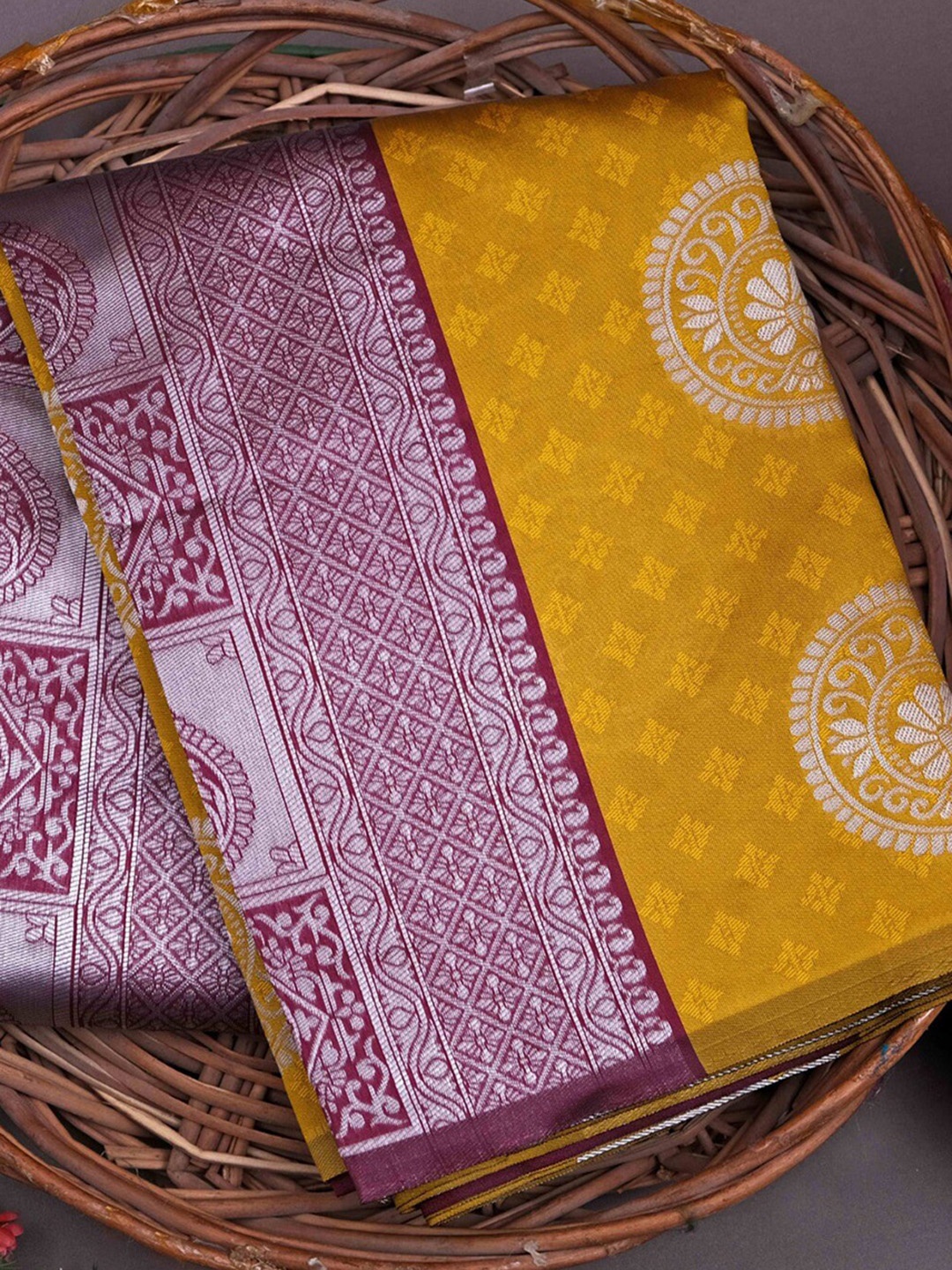 

MORLY Woven Design Zari Kanjeevaram Saree, Mustard