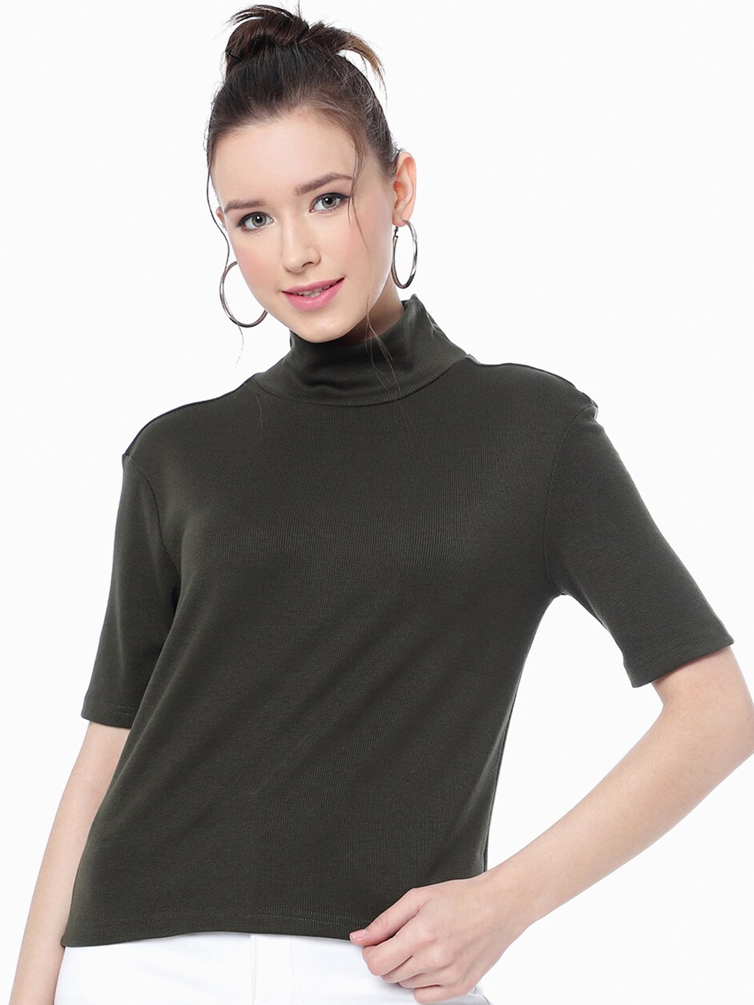 

FashionsEye High Neck Ribbed Top, Green